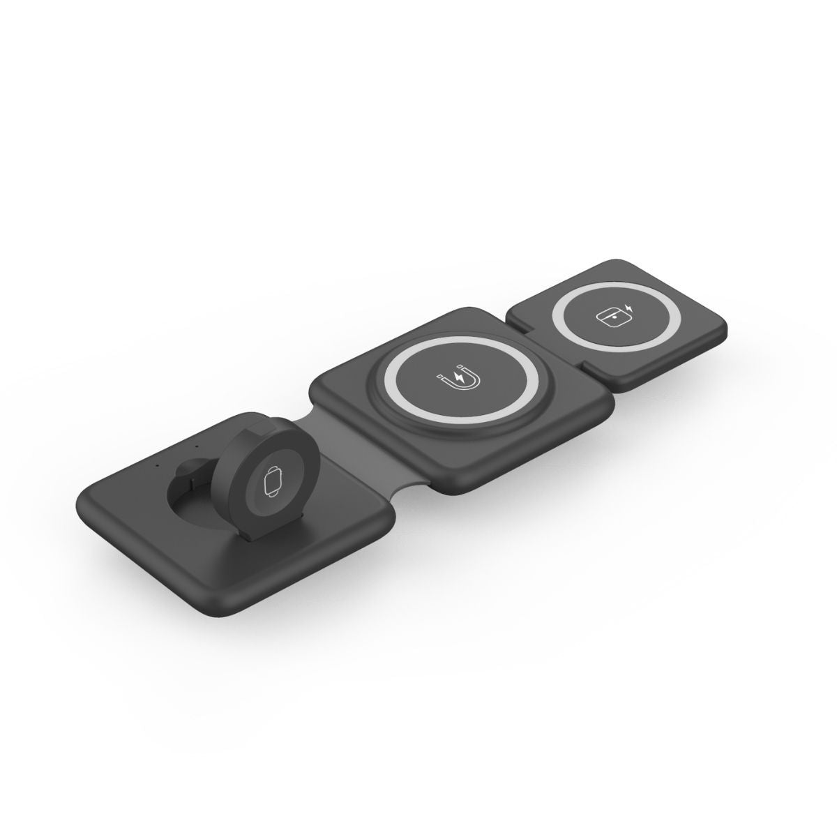 Black 3-in-1 folding magnetic wireless charger stand with three magnetic charging pads