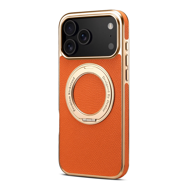 Orange phone case with gold accents on a white background