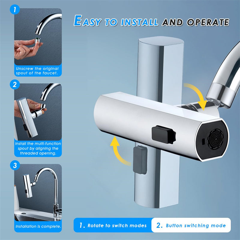 Multifunctional faucet with installation instructions on a blue background