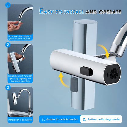 Multifunctional faucet with installation instructions on a blue background
