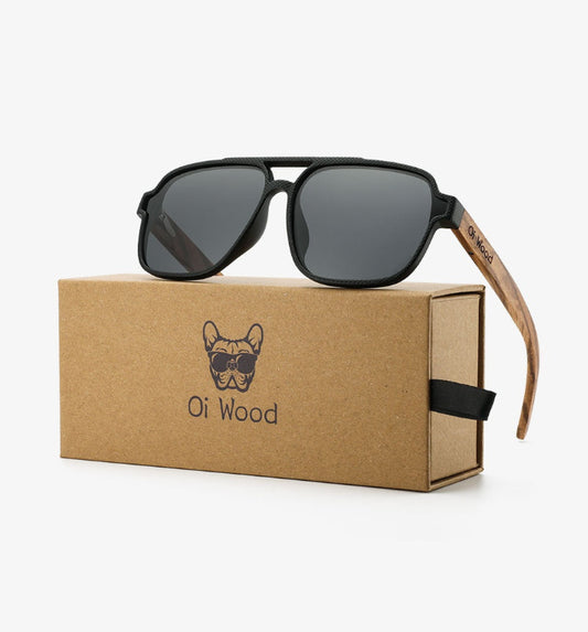 Polarized sunglasses with black frame, dark gray lenses, and wood temple arms