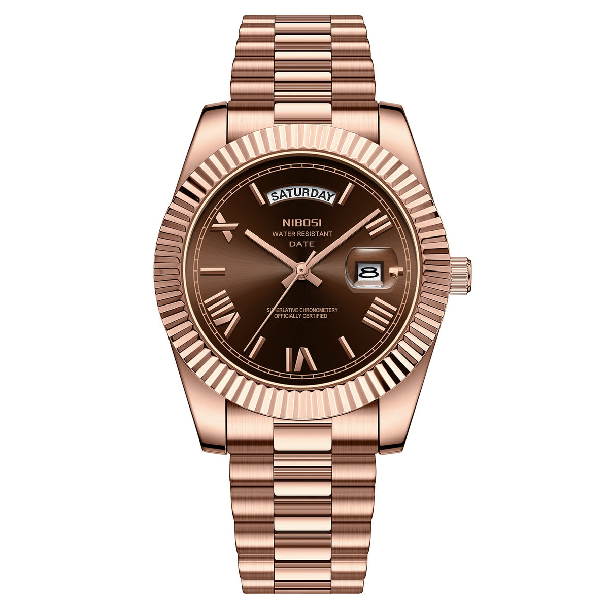 Men's quartz watch with rose gold steel bracelet, brown dial, gold-tone bezel and markers