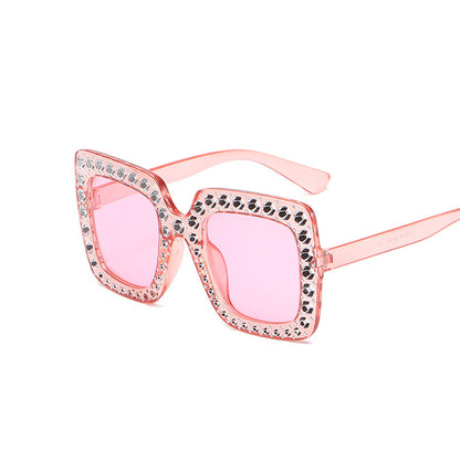 Women's square rhinestone sunglasses, pink frame with light pink lenses