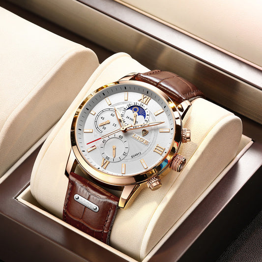 Rose gold chronograph quartz watch with white dial and brown leather strap