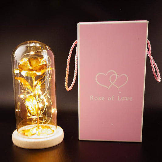 Decorative rose in a glass dome with LED lights next to a pink box labeled 'Rose of Love' on a dark background.
