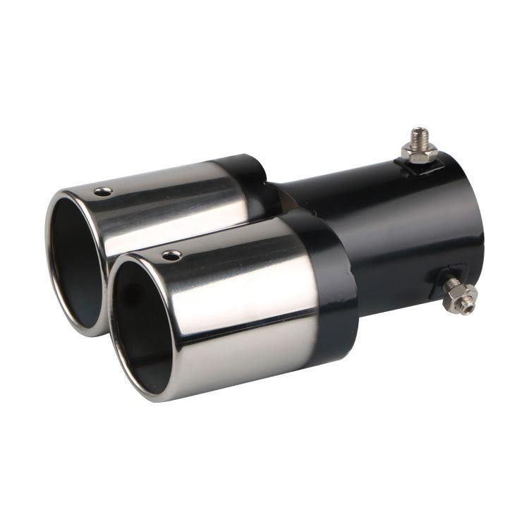 Double exhaust muffler tip set with black center sleeve and polished stainless ends