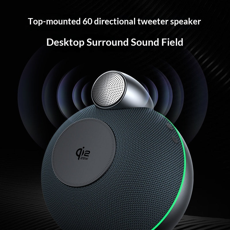 Wireless fast-charging Bluetooth home speaker with top grille and green LED accent