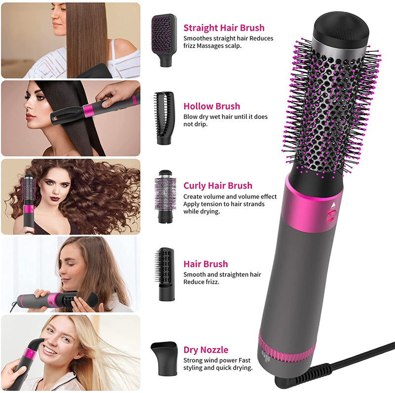 Multifunctional hair styling tool with various attachments and usage instructions.