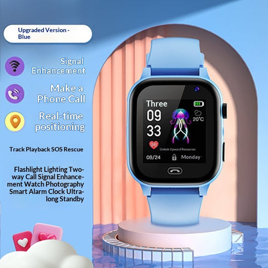 Kids smartwatch with blue silicone strap and black touch screen displaying time and date