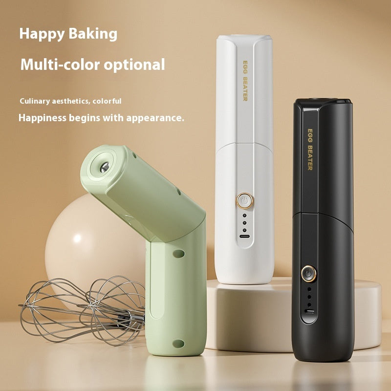 Wireless electric egg beaters in mint, white, and black with whisk attachments