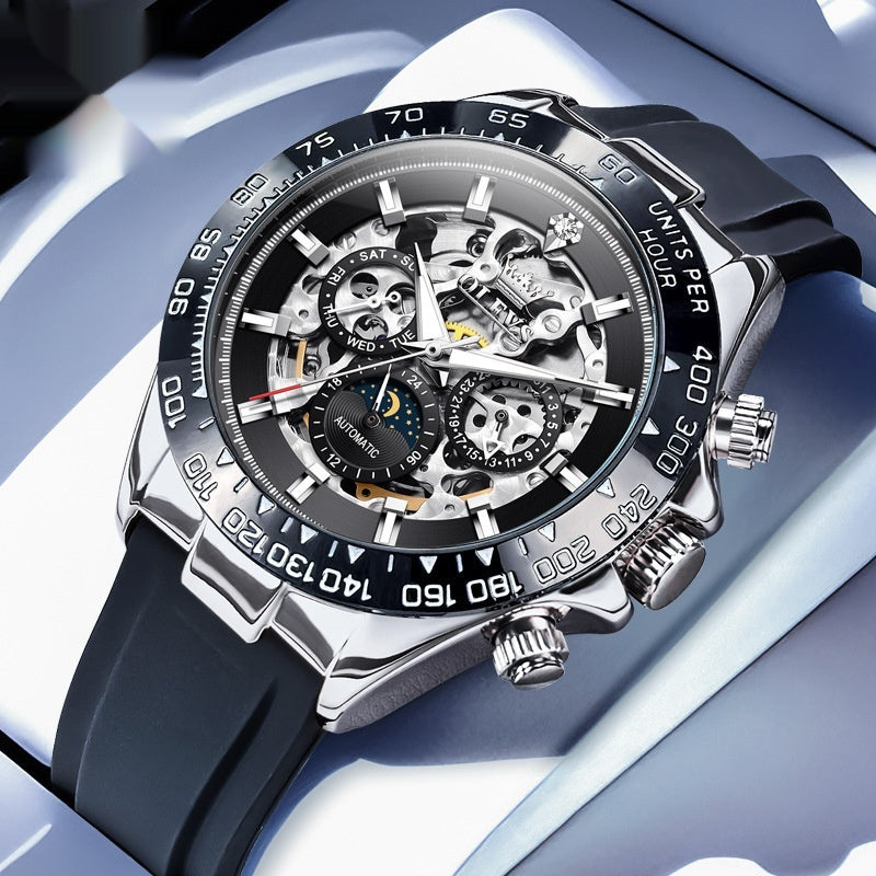 Luxury watch with black strap and intricate mechanical design on a light blue background
