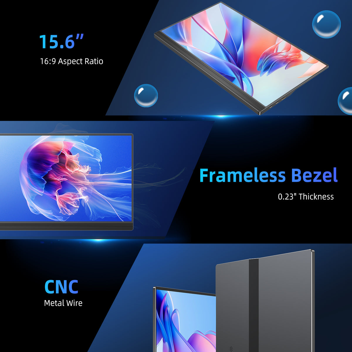 15.6-inch portable monitor with frameless bezel and thin 0.23-inch profile