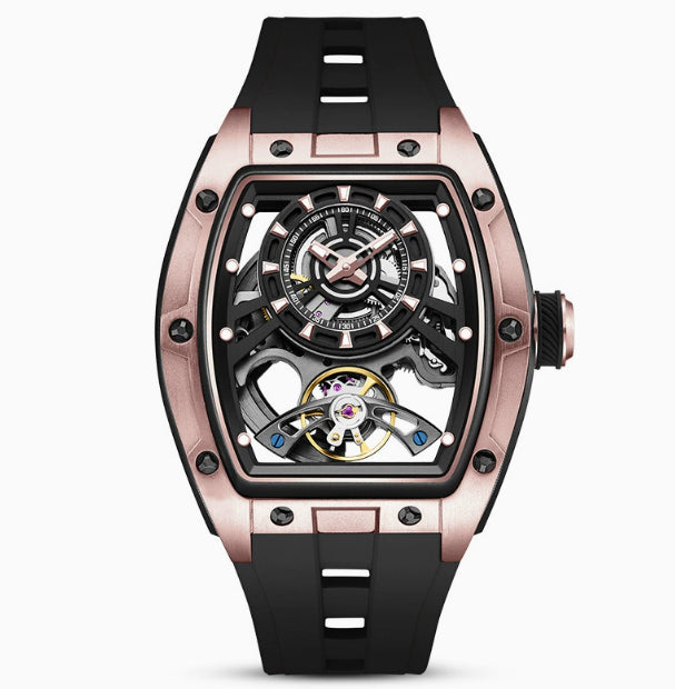 Barrel-shaped transparent automatic mechanical watch with rose-pink case and black rubber band