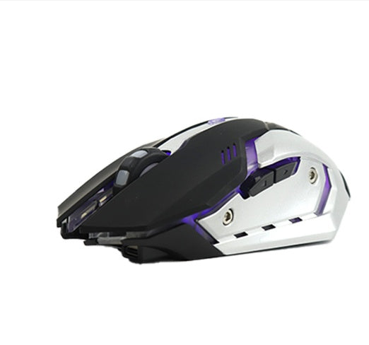 Black wireless gaming mouse with white side panel and purple LED strip