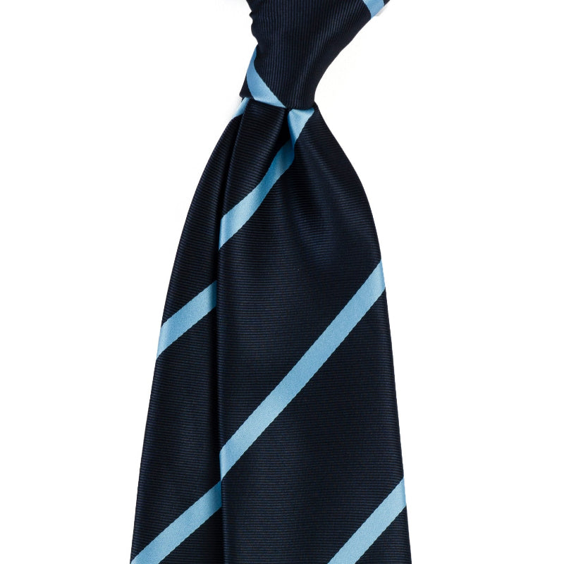 Men's tie in dark navy with light blue diagonal stripe pattern