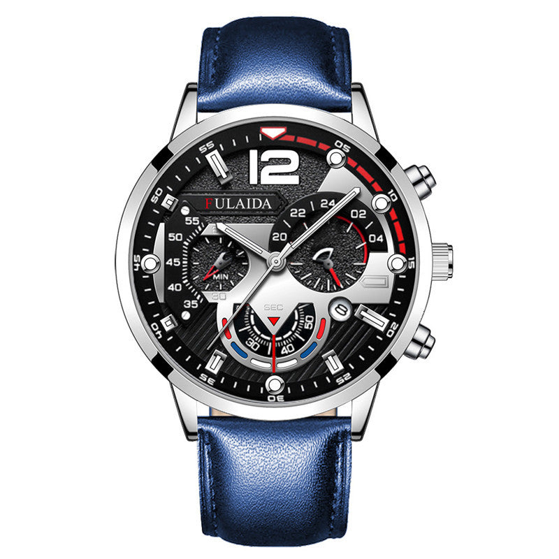 Wristwatch with blue strap and detailed face on a white background