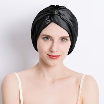 Women's satin cross nightcap, black turban with wrapped front