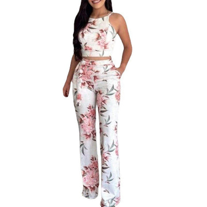 Two-piece Cropped Printed Vest High-waisted Wide-leg Pants