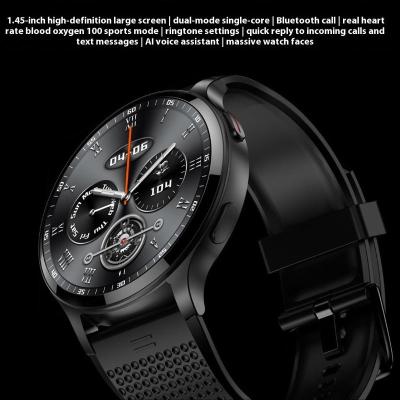 Black LW77 smartwatch with round AMOLED-style screen, fitness sensors, and perforated strap.