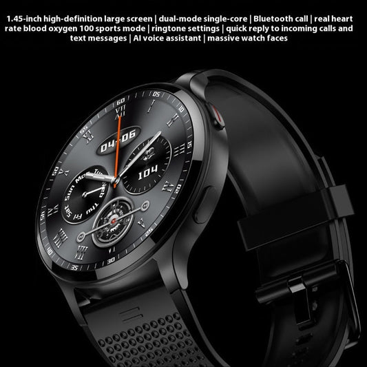 Black LW77 smartwatch with round AMOLED-style screen, fitness sensors, and perforated strap.