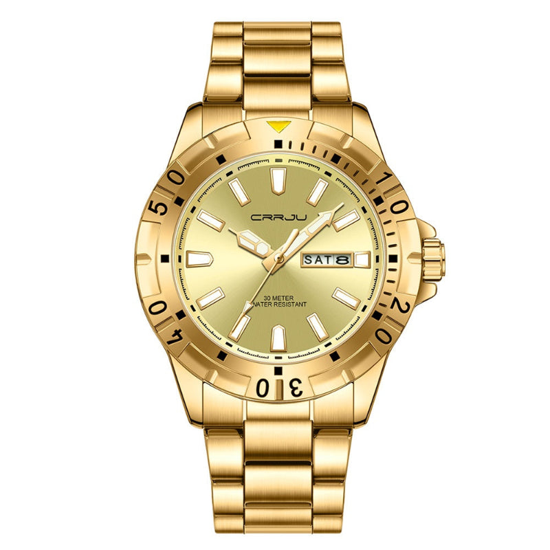 Gold multifunction quartz business watch with light gold dial and SAT8 date window