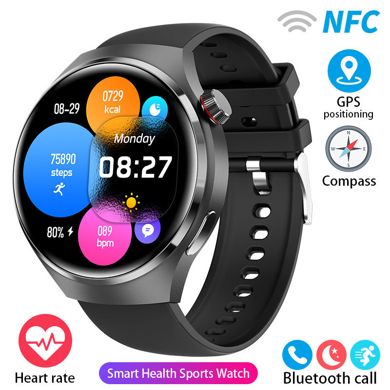 Black round smartwatch with silicone strap and colorful activity circles on the screen