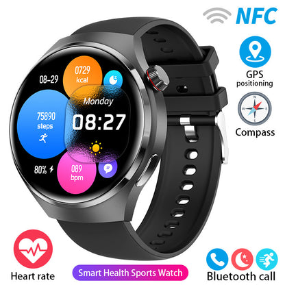 Black round smartwatch with silicone strap and colorful activity circles on the screen