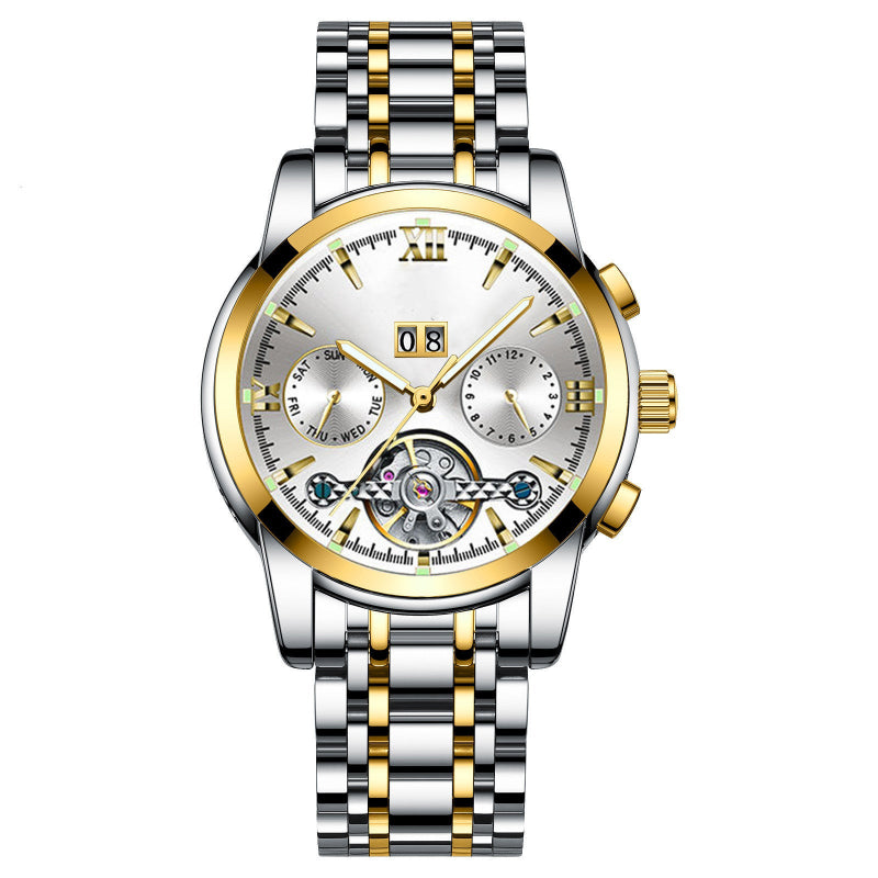 Luxury watch with silver and gold band on a white background
