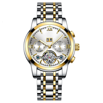 Luxury watch with silver and gold band on a white background