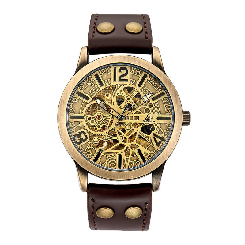 Mechanical watch with brown leather strap and gold-tone skeleton dial