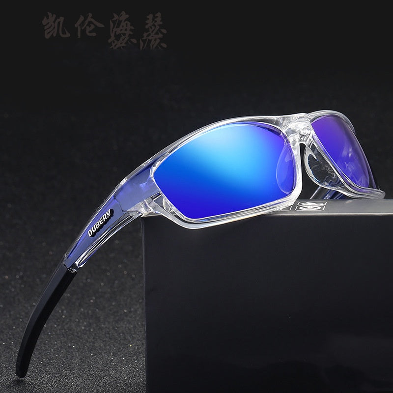 Retro polarized sports sunglasses with clear frame and blue mirrored lenses