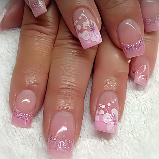 French Floral Pink Jelly Press-On Nails | Cute Nail Art Set