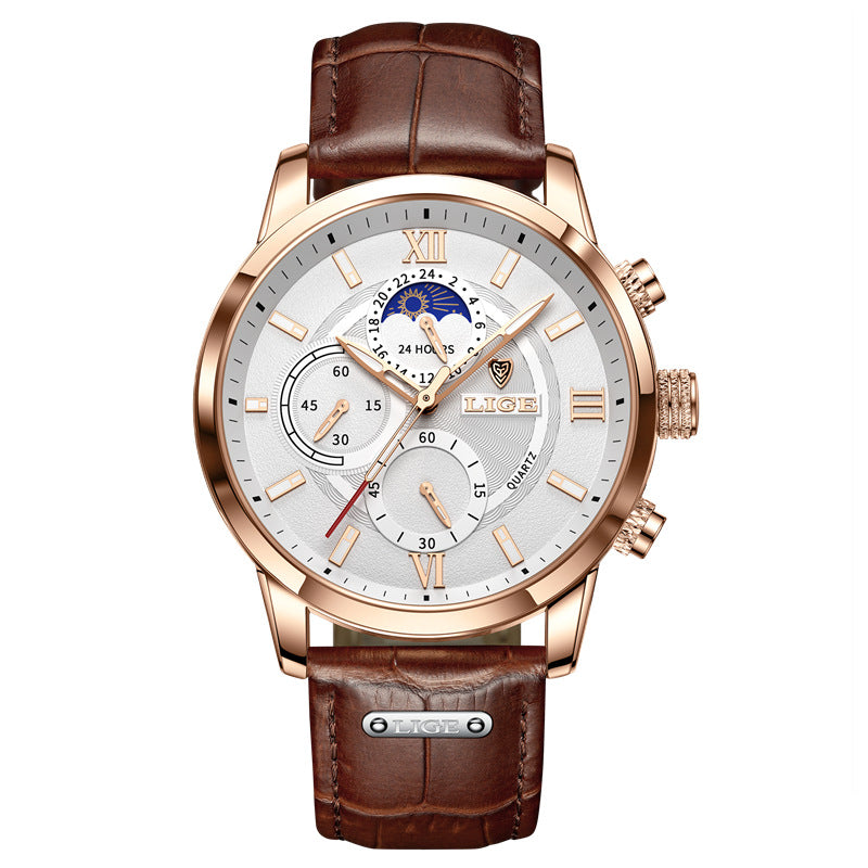 Rose gold chronograph quartz watch with white dial and brown leather strap