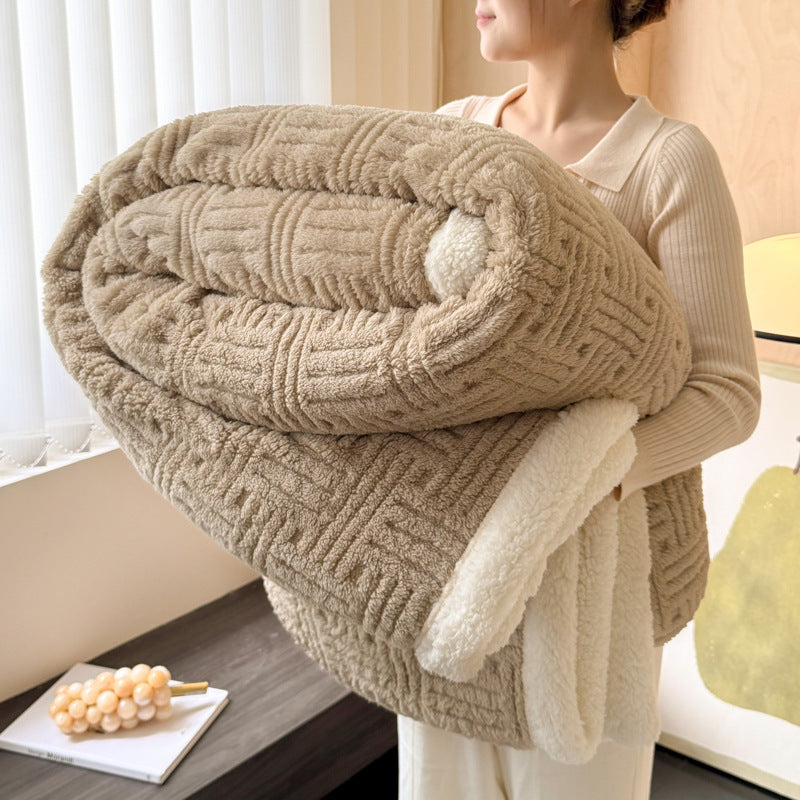 Plush velvet winter blanket in beige with white plush backing and quilted stripe pattern
