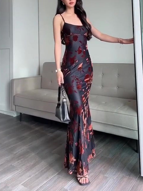 Women's Flocked Strappy Maxi Dress