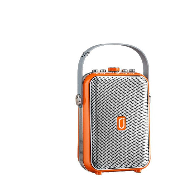 Orange portable karaoke Bluetooth speaker with handle and front speaker grille