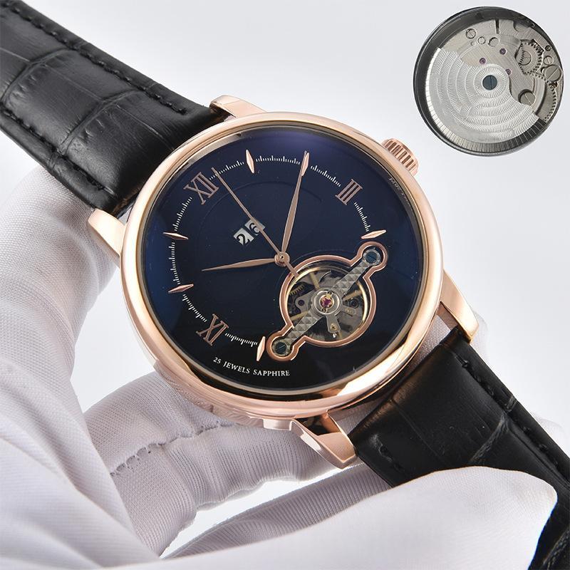 Men's quartz business watch with dark blue dial, rose-gold case, black leather strap.