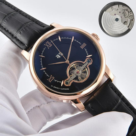 Men's quartz business watch with dark blue dial, rose-gold case, black leather strap.