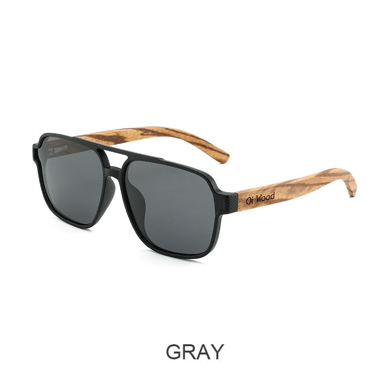 Polarized sunglasses with black frame, gray-tinted lenses, and wood temple arms