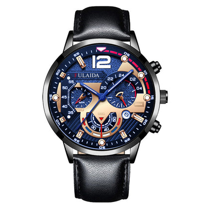 Watch with a blue face and black leather strap on a white background