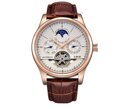 Luxury watch with brown leather strap and detailed face on a white background