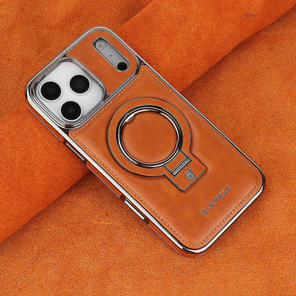 Brown phone case with ring holder on an orange fabric background