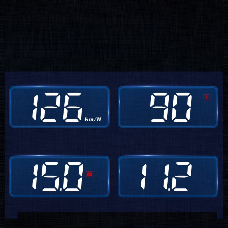 Black car HUD display panel showing four blue-lit speed readings