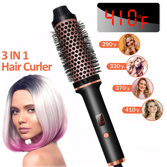 3-in-1 hair curler with digital temperature display and woman with styled hair.