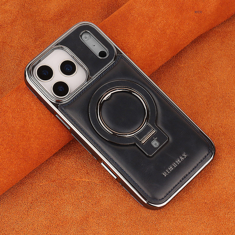 Black phone case with ring holder on an orange fabric background