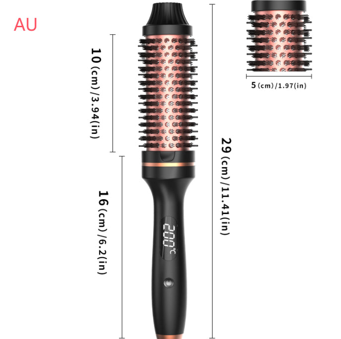 Black hot air hair curler with copper-toned pins and size measurements shown