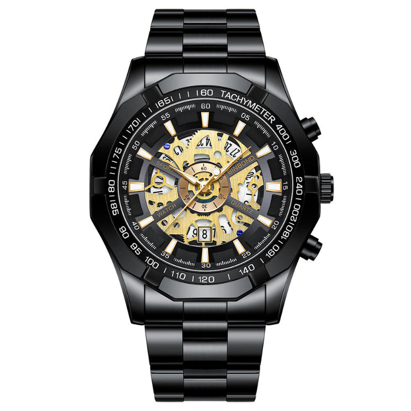 Men's skeleton quartz watch with black steel case, black bezel, and gold-toned skeleton dial.