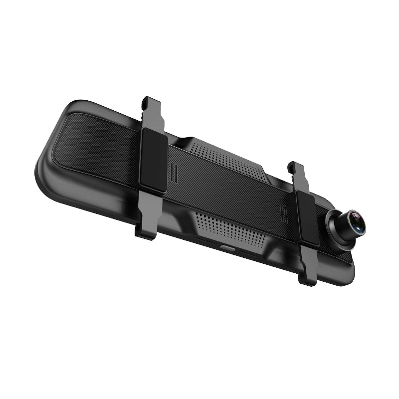Black rearview mirror dash cam back view with speaker grille and power/connection port