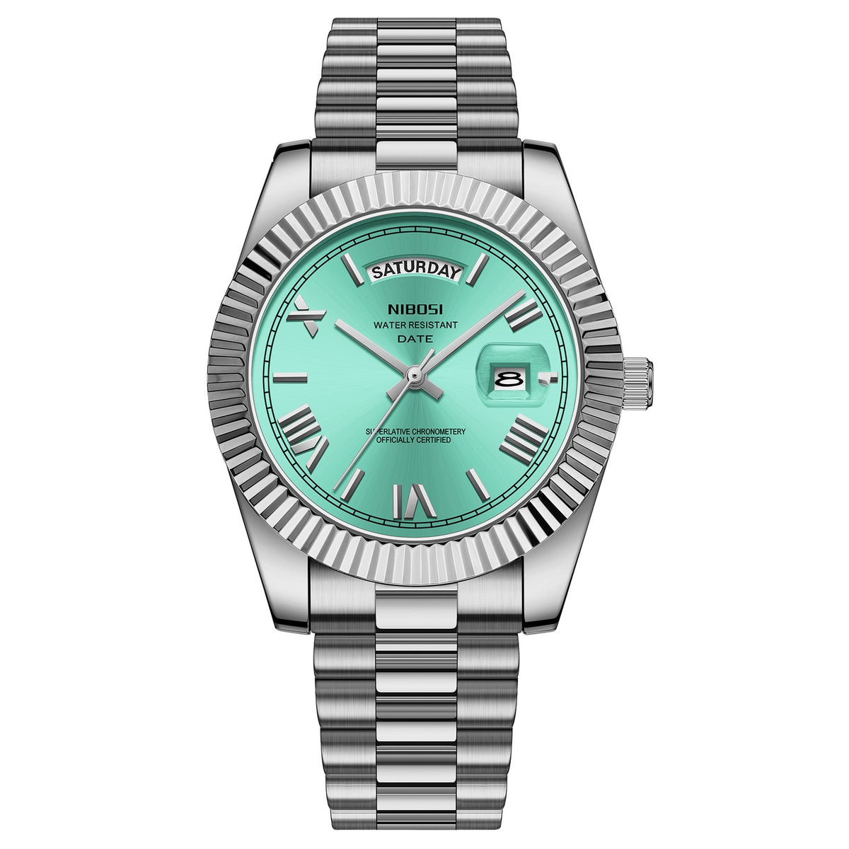 Men's quartz watch with silver steel bracelet, mint green dial, gold hands and day-date window