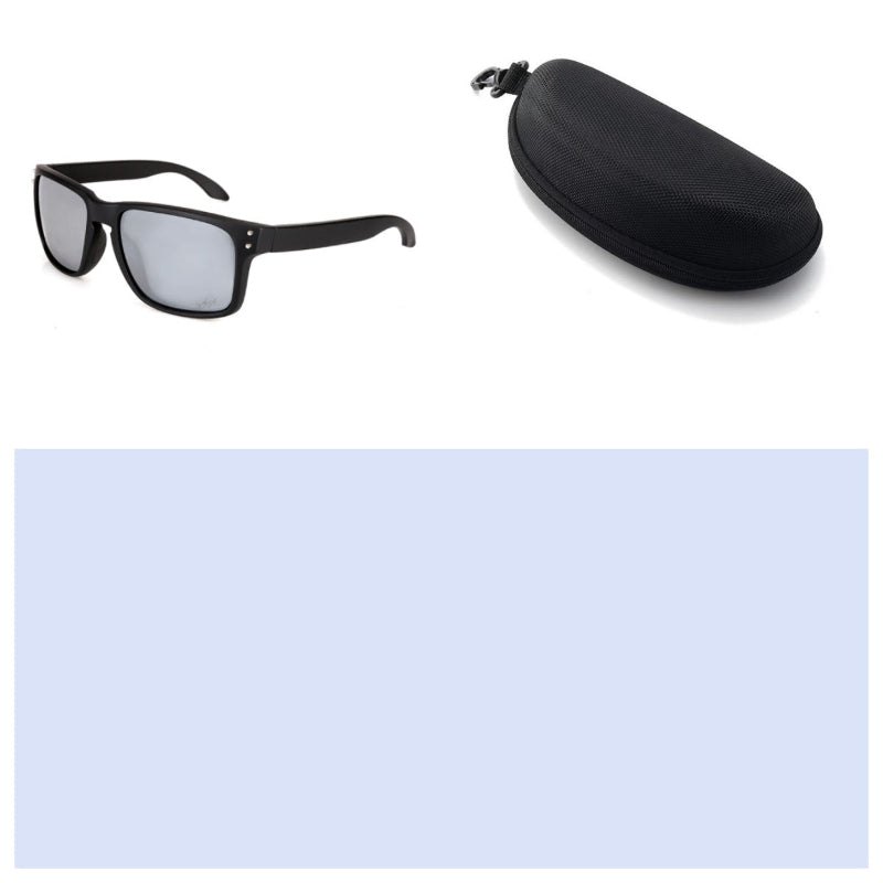 Men's polarized sports sunglasses with light gray lenses, black frame, and hard case